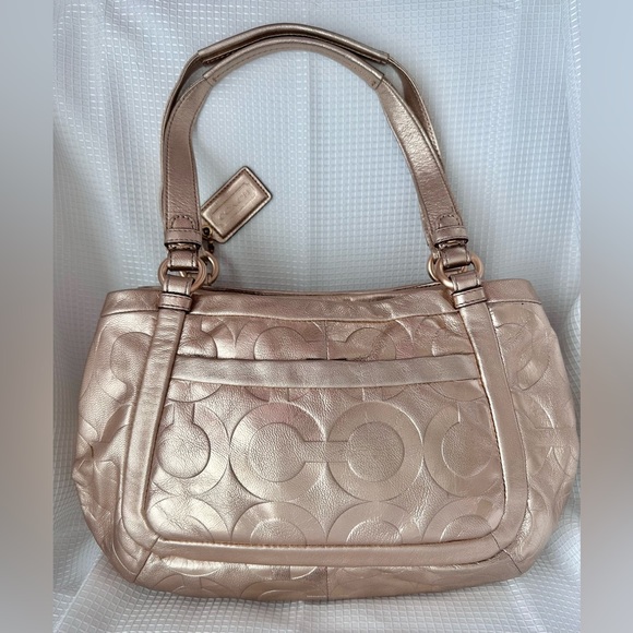 SOLD Coach Leather Handbag Metallic Rose Gold 13607 Tote Purse Bag Monogram - Picture 2 of 7